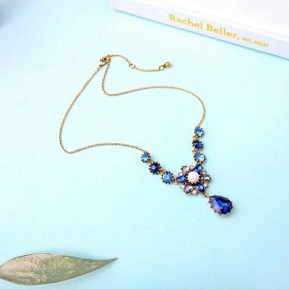 Blue Crystal Pearl Floral Vintage Gold Pendant Statement Necklace - Picture 7 of 7